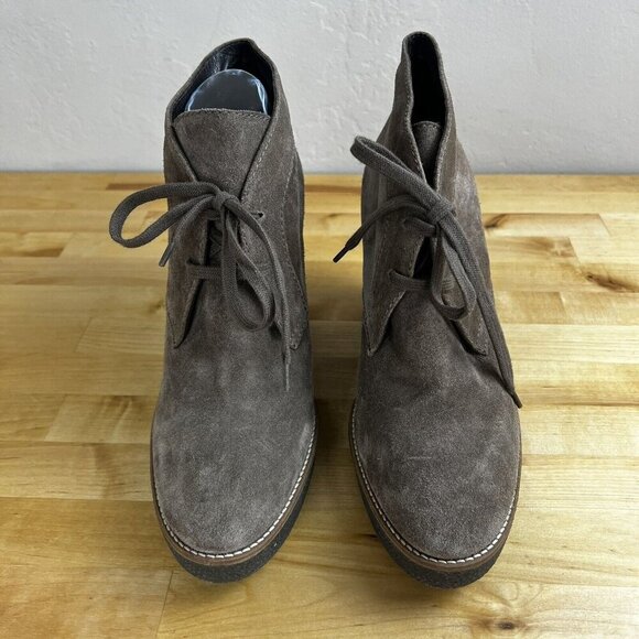 Aquatalia Vianna Taupe Suede Leather Wedge Ankle Booties Lace Up Boots Size 9.5 - Picture 3 of 13